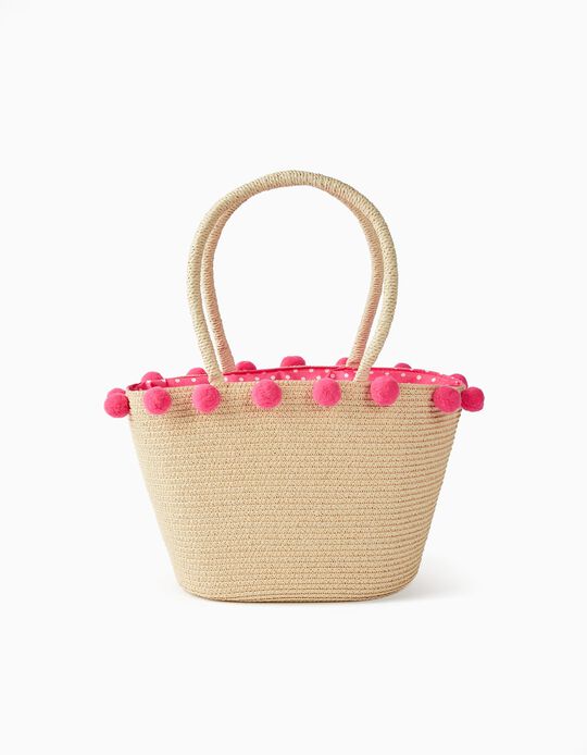 Straw Basket with Pompoms for Girls, Beige/Pink