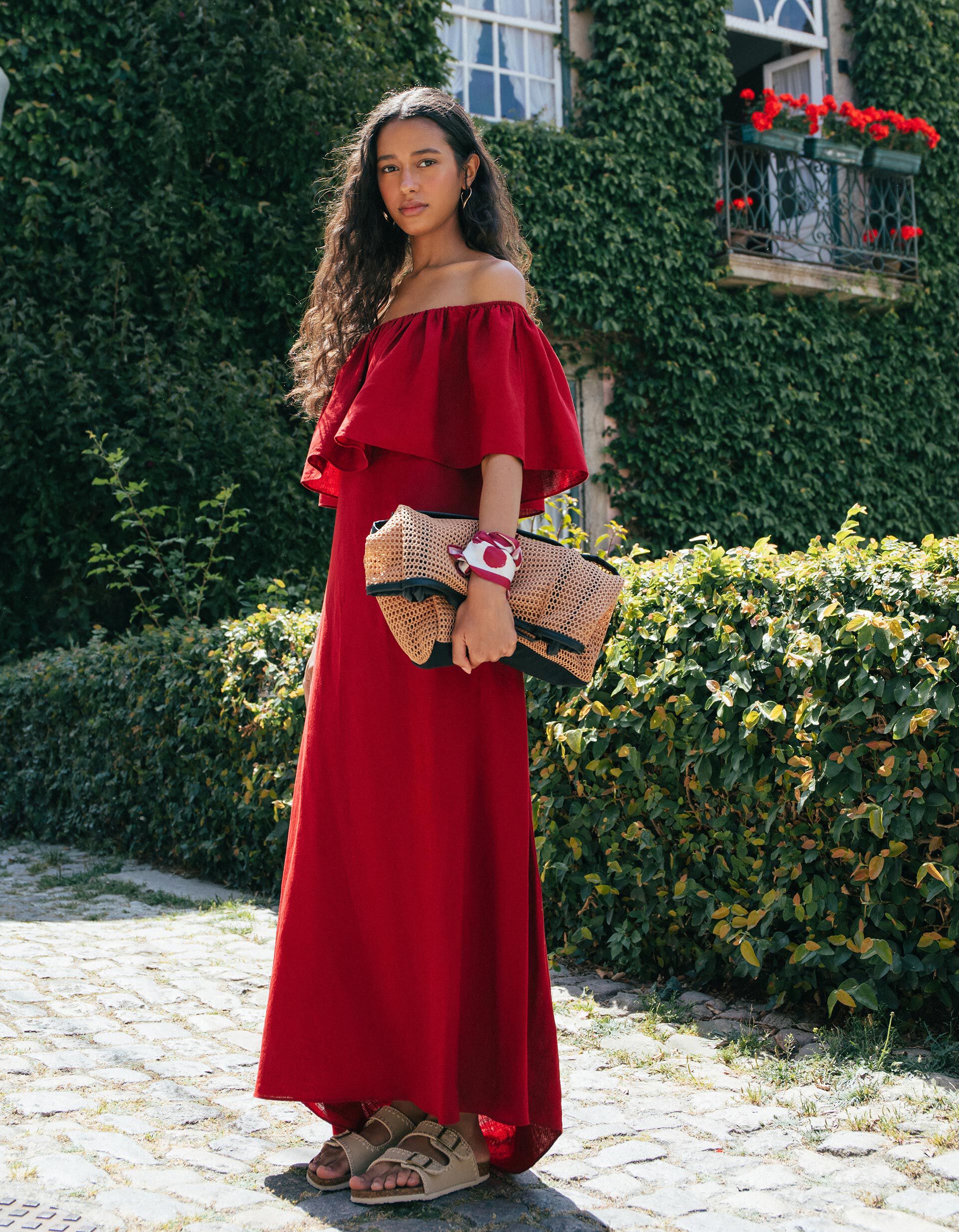 Comprar Online Vestido Com Linho, Mulher, Vermelho Escuro