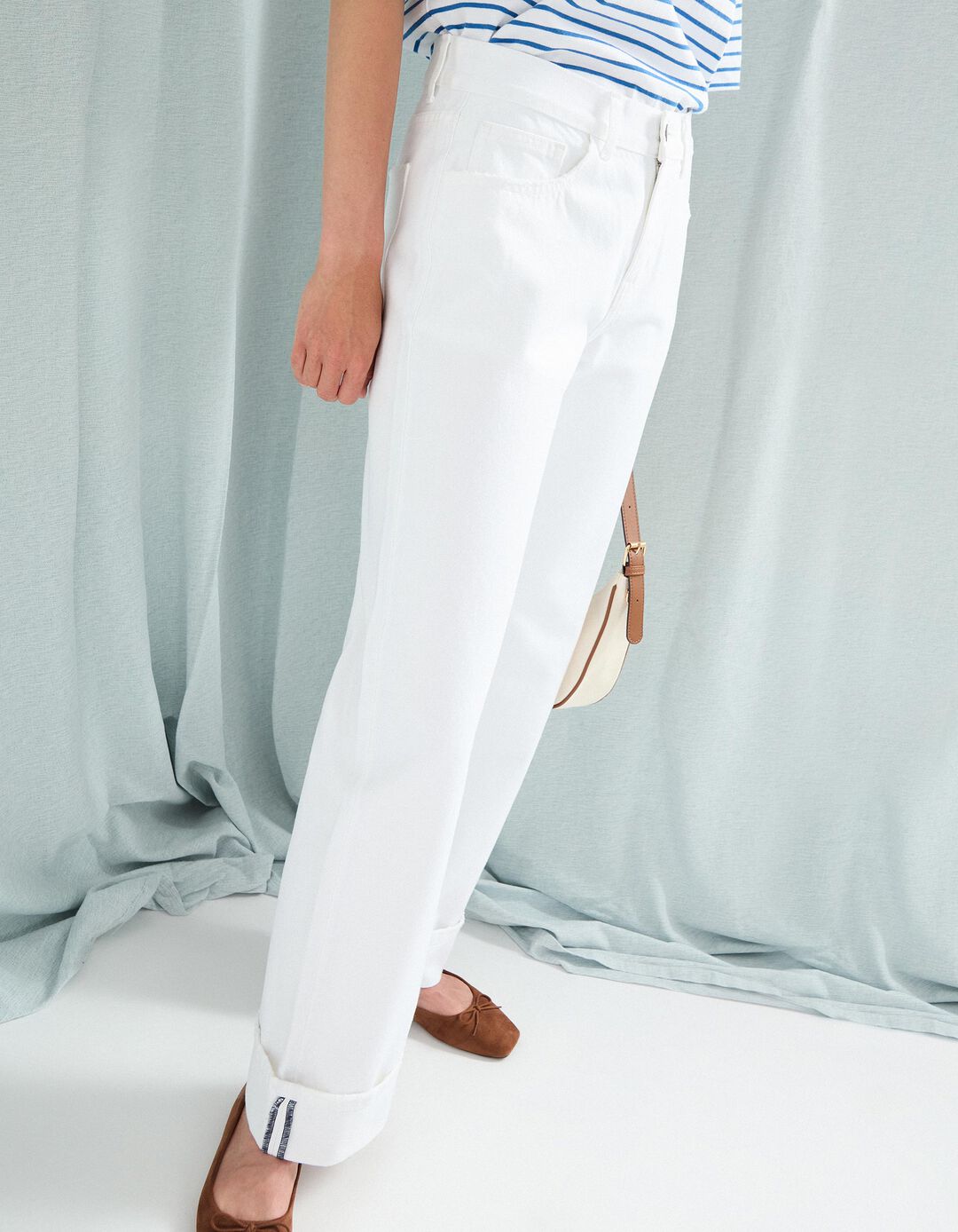 Calças de Ganga Dobradas 'Straight Fit', Mulher, Branco