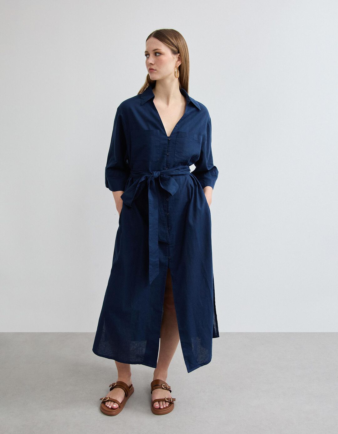 Vestido com Linho, Mulher, Azul Escuro