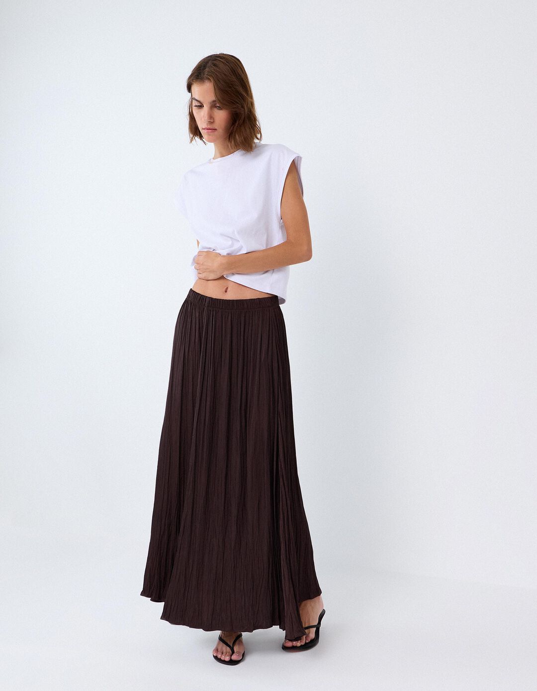 Saia Midi Fluida, Mulher, Castanho