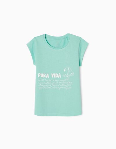 T-shirt de Algodão para Menina 'Pura Vida', Verde Água