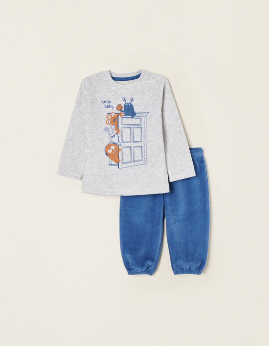 Pijama de Veludo em Algodão para Bebé Menino 'Monsters', Azul/Cinza