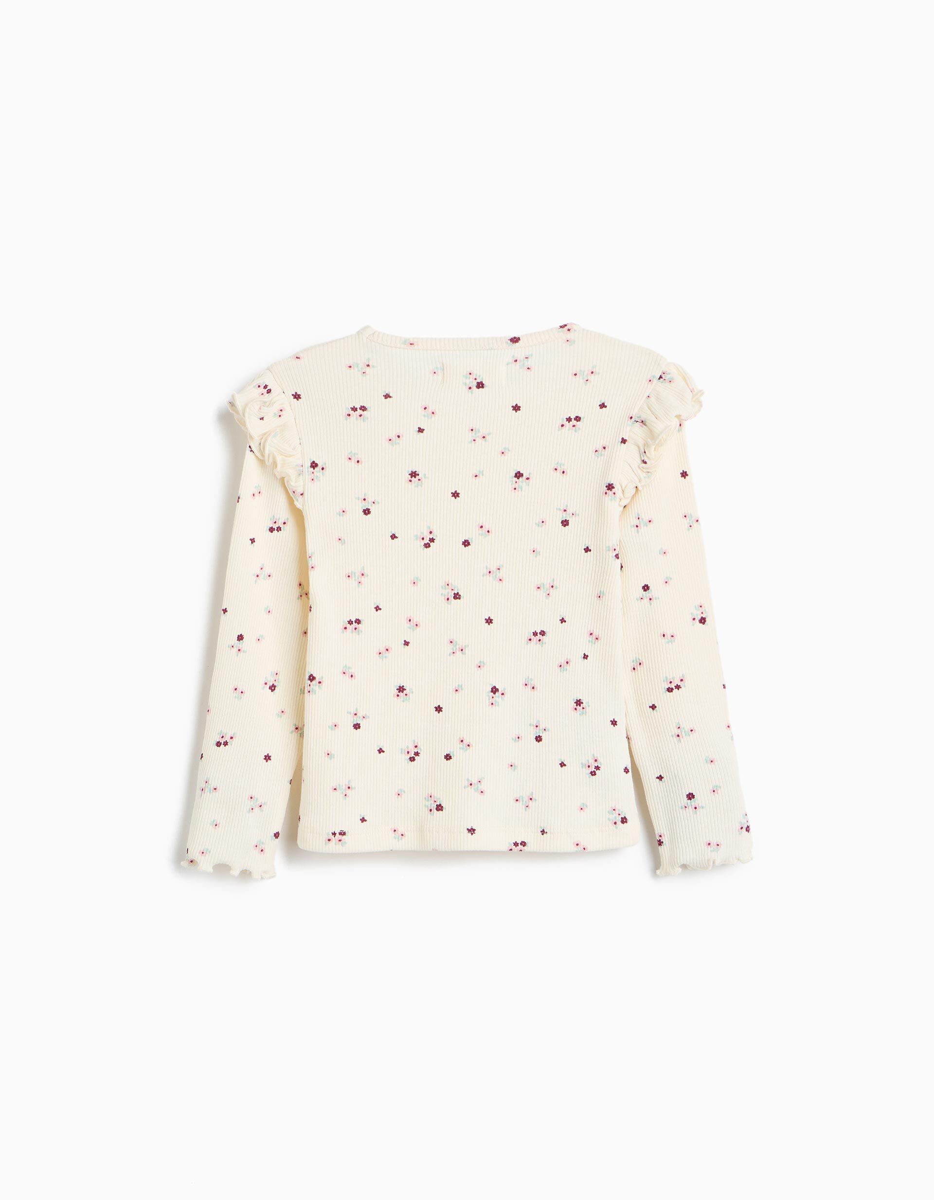 Comprar Online Camisola Canelada Com Flores, Menina, Bege Claro
