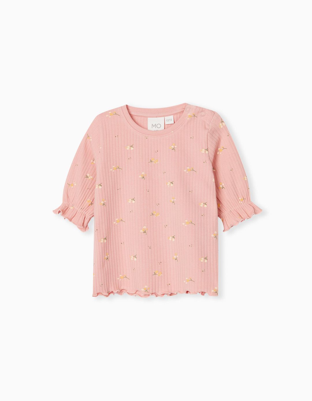 Flowers Ribbed T-shirt, Baby Girls, Light Pink
