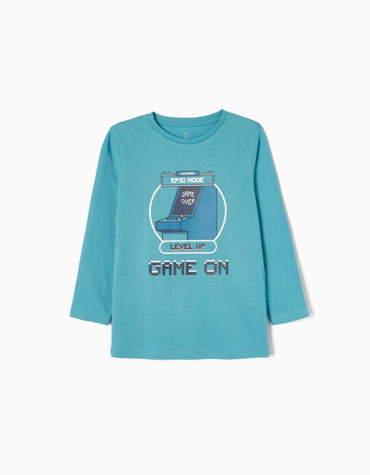 Long Sleeve Cotton T-shirt for Boys 'Game On', Blue