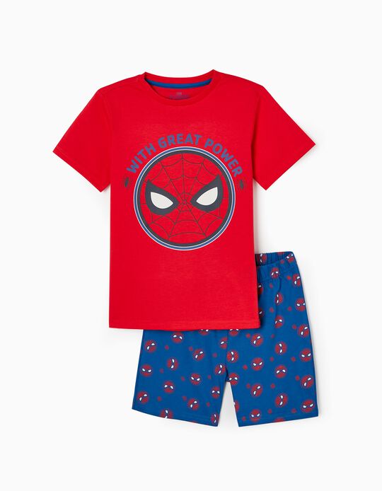 Pijama de Algodão T-shirt + Calções para Menino 'Spiderman', Vermelho/Azul