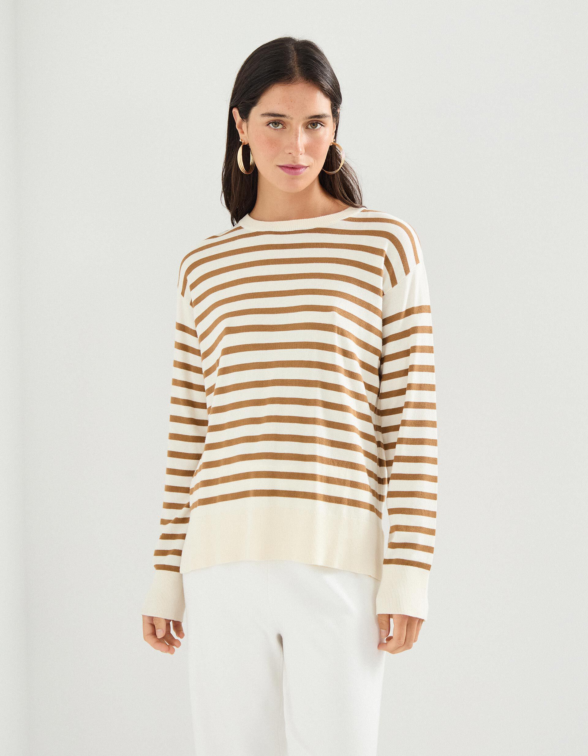 Comprar Online Camisola de Malha com Riscas, Mulher, Bege Claro