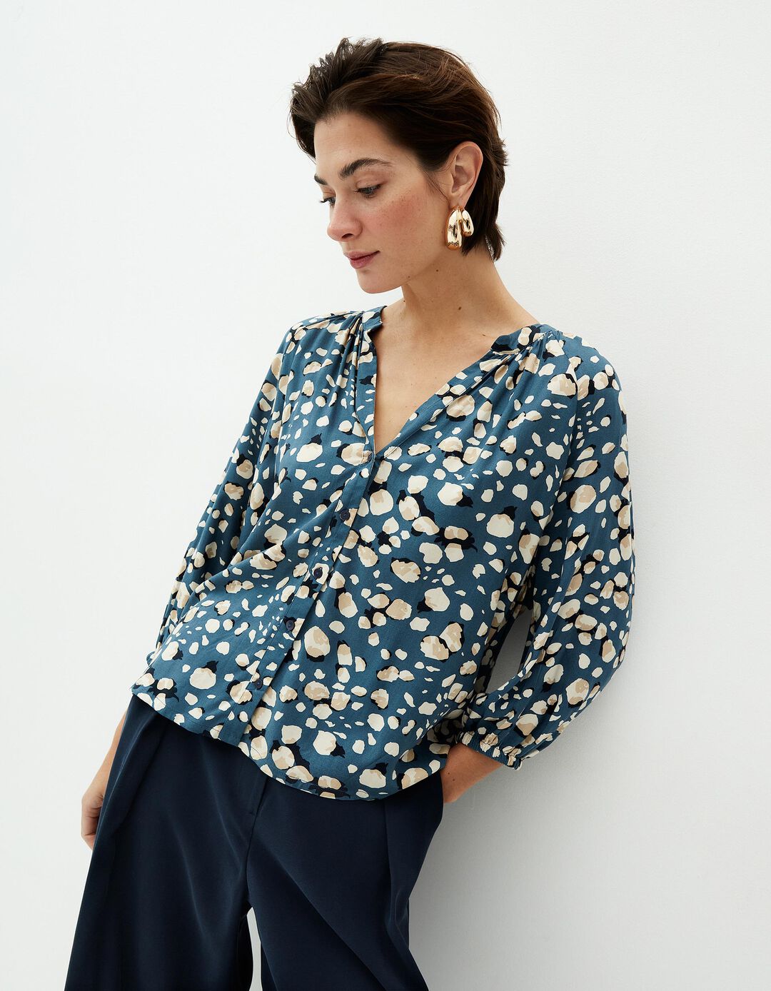 Blusa Estampada Decote em V, Mulher, Azul