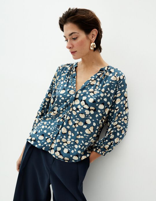 Comprar Online Blusa Estampada Decote em V, Mulher, Azul