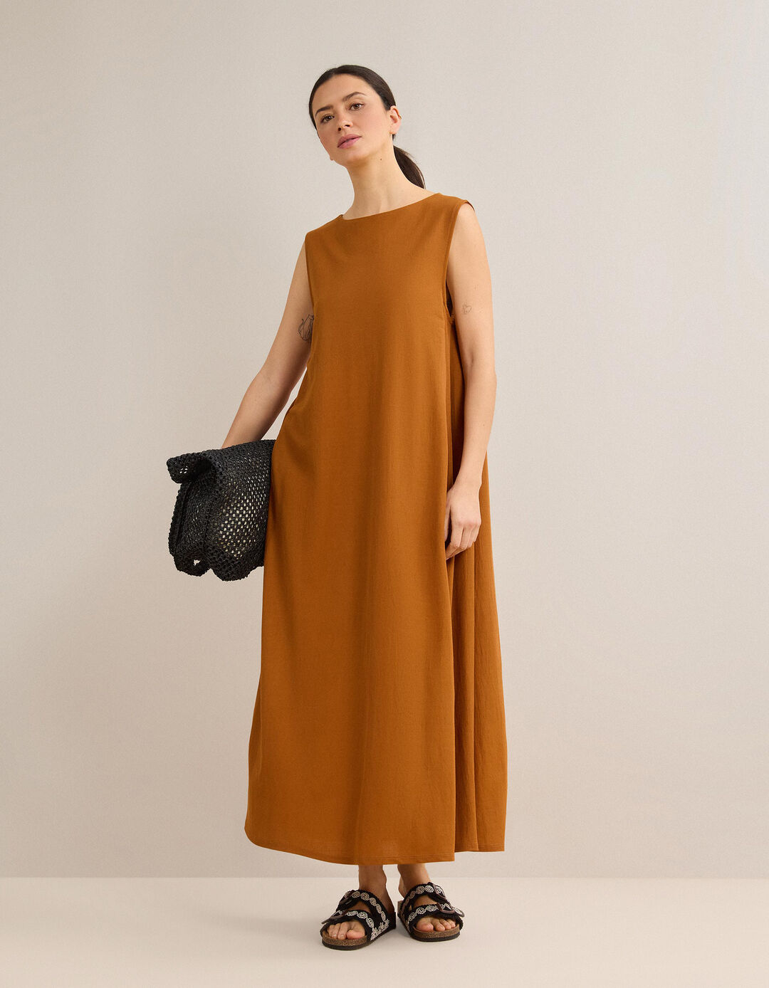 Vestido Comprido Fluido, Mulher, Castanho Claro