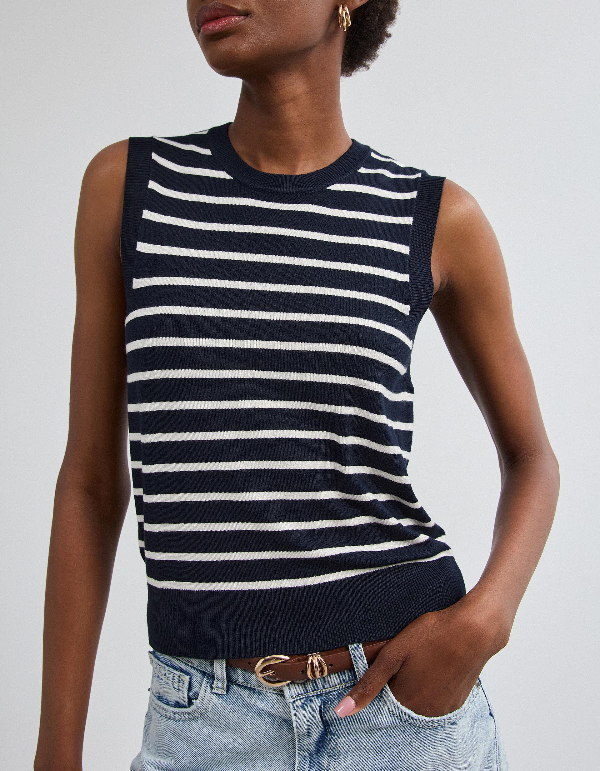 Comprar Online Colete Tricotado &Agrave;s Riscas, Mulher, Azul Escuro