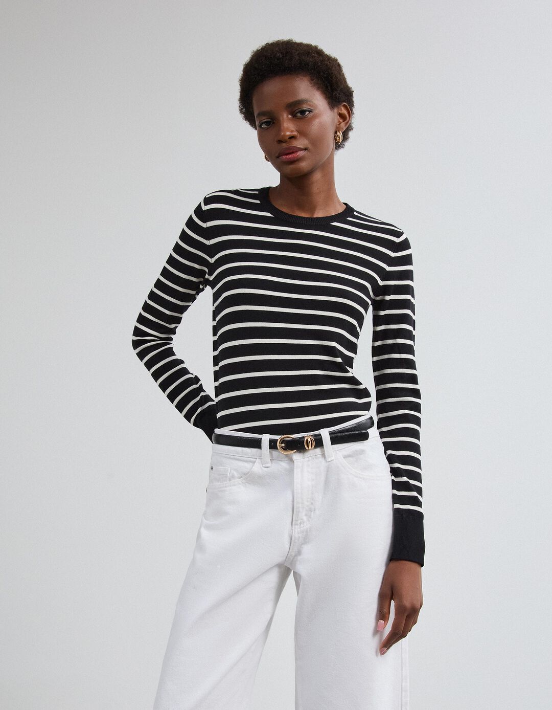 Camisola De Manga Comprida &Agrave;s Riscas, Mulher, Preto