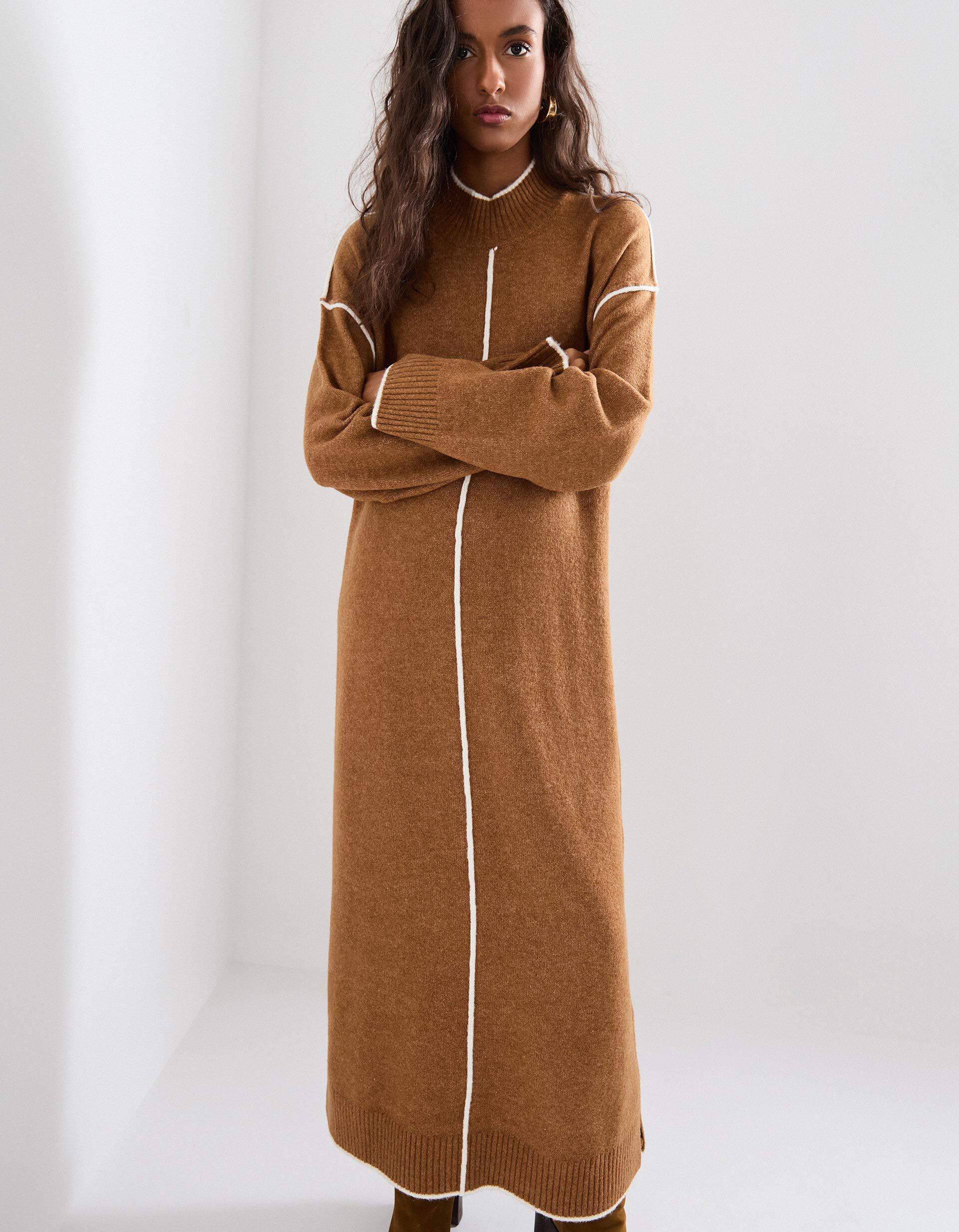 Comprar Online Vestido de Malha com L&atilde;, Mulher, Castanho Claro