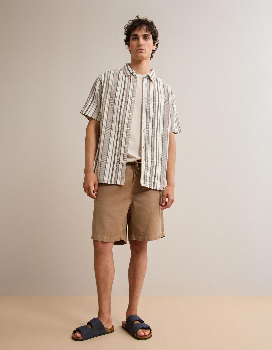 Camisa Riscas, Homem, Bege