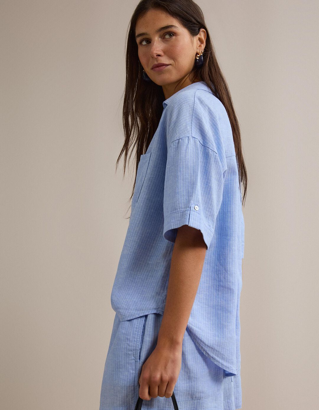 Blusa com Linho, Mulher, Azul