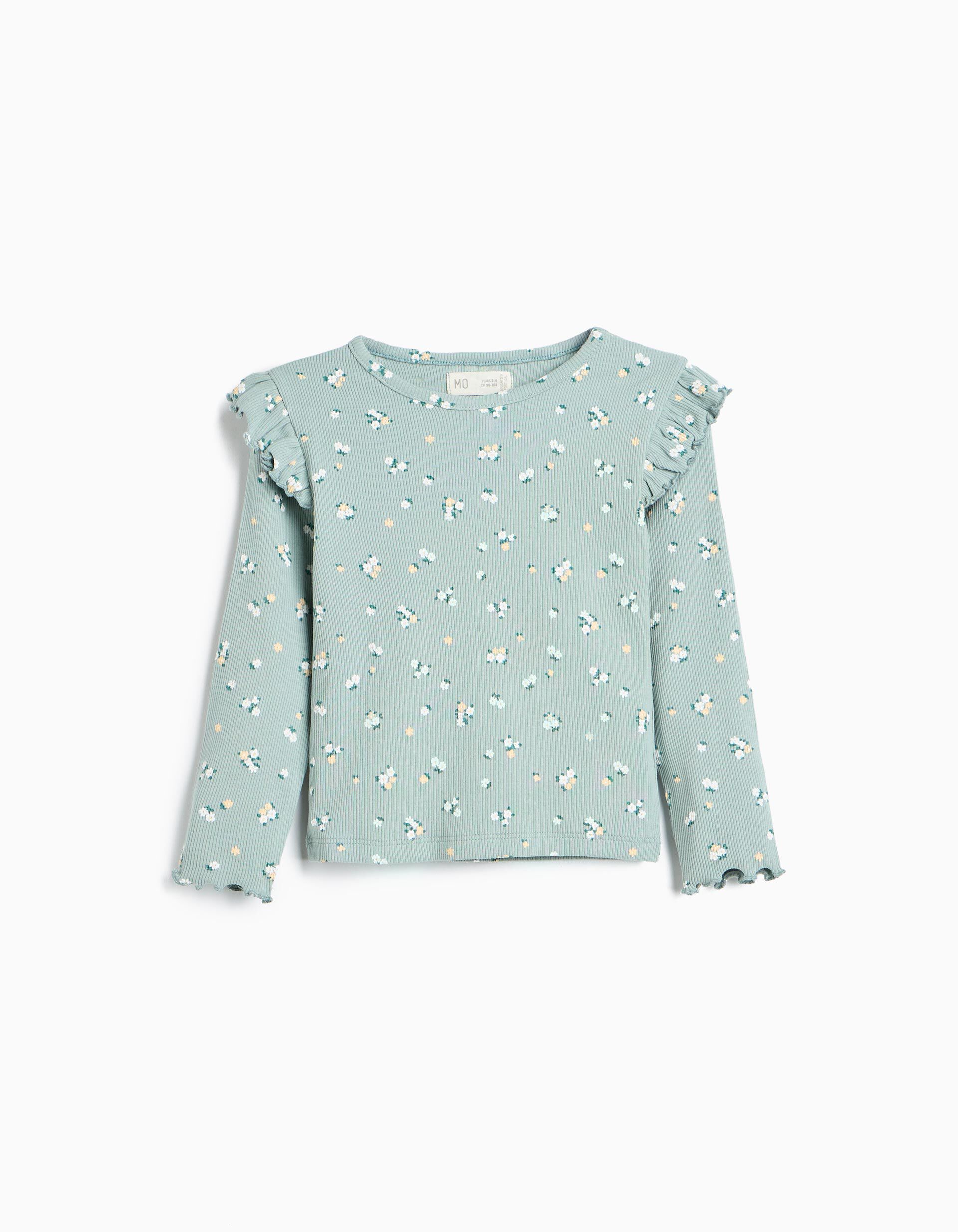 Comprar Online Camisola Canelada Com Flores, Menina, Verde Claro