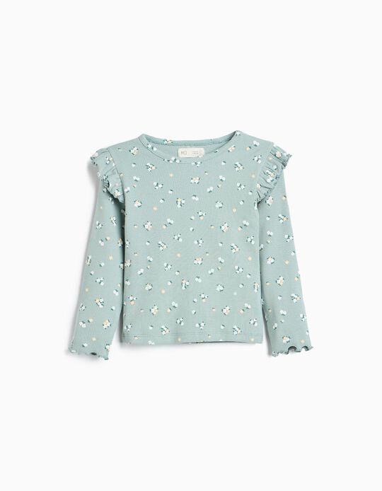 Comprar Online Camisola Canelada Com Flores, Menina, Verde Claro