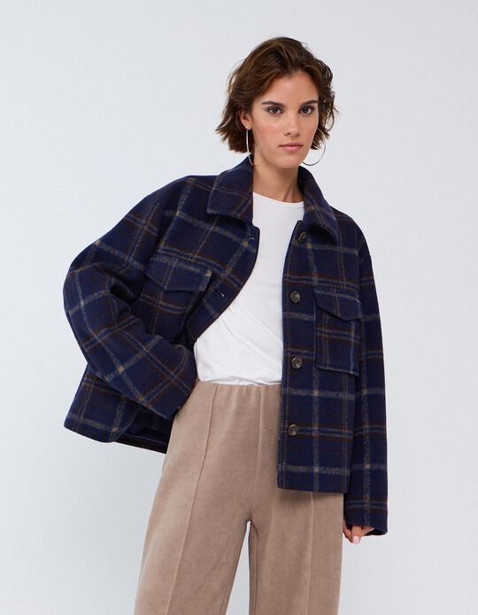 Comprar Online Casaco Curto Aos Quadrados, Mulher, Azul