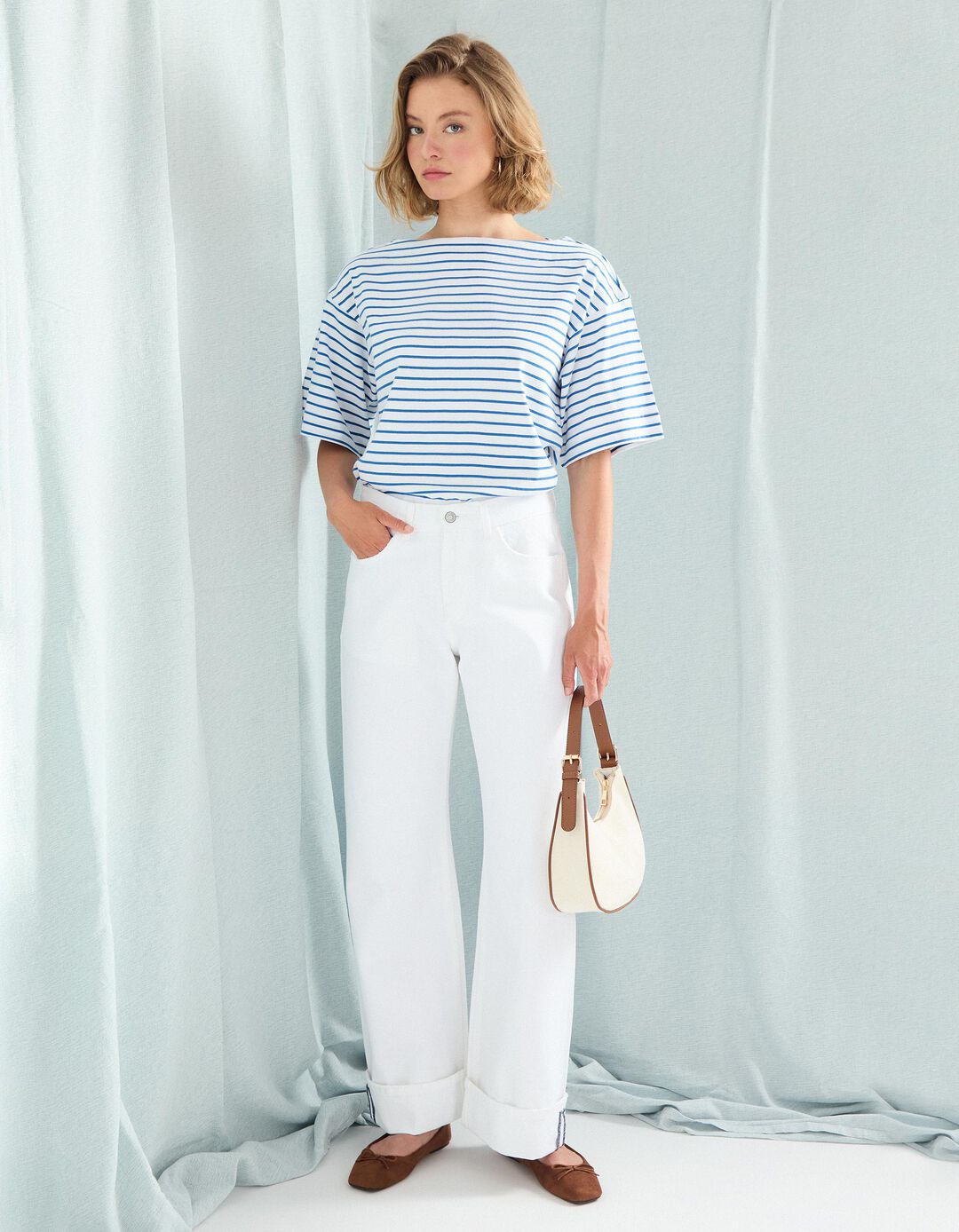 Calças de Ganga Dobradas 'Straight Fit', Mulher, Branco