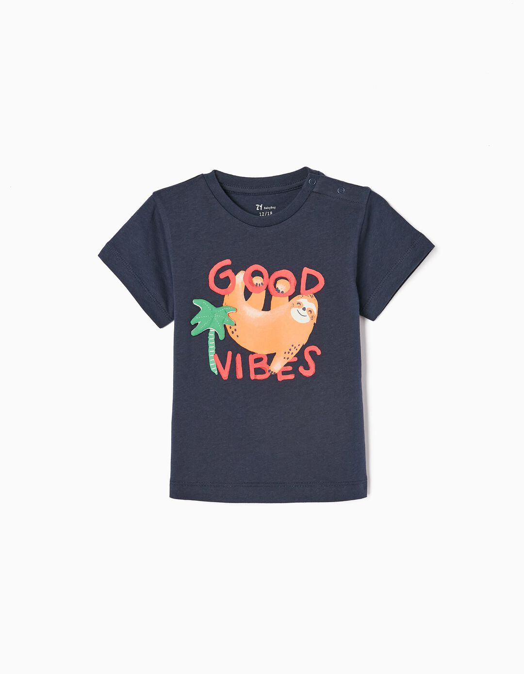 T-shirt de Algodão Estampado para Bebé Menino 'Good Vibes', Azul Escuro