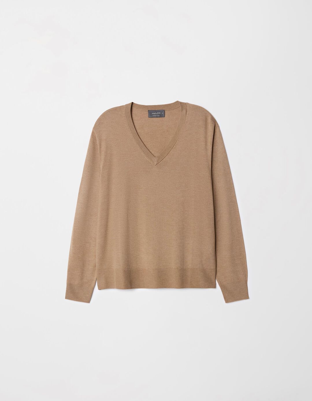 Camisola Mistura de Caxemira Decote em V, Mulher, Bege