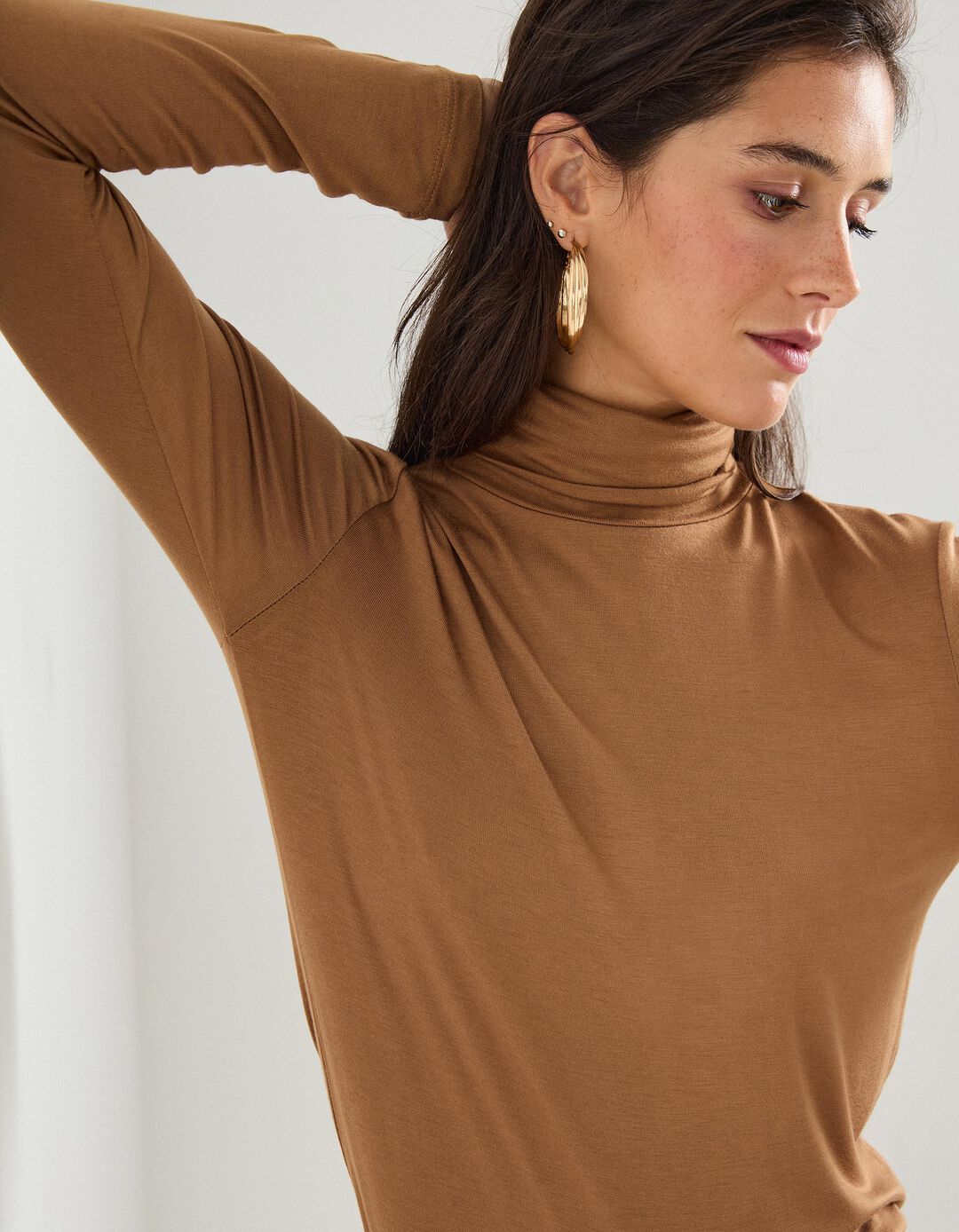 Camisola com Gola Alta, Mulher, Bege Escuro 