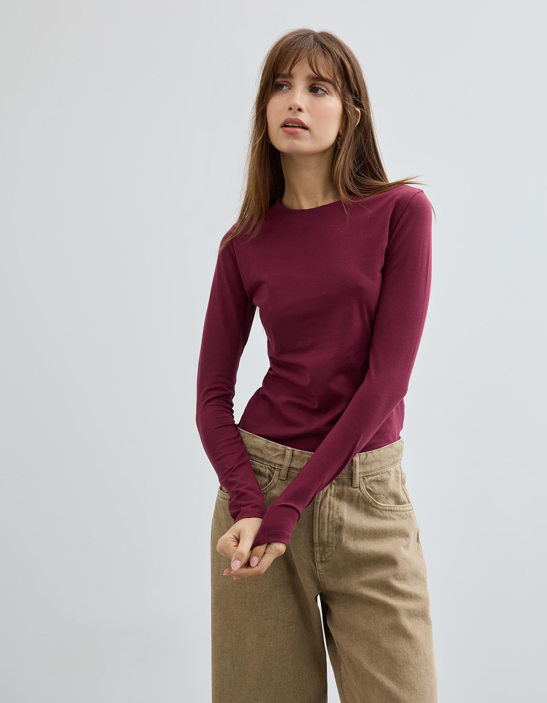 Comprar Online T-shirt de Manga Comprida, Mulher, Vermelho Escuro