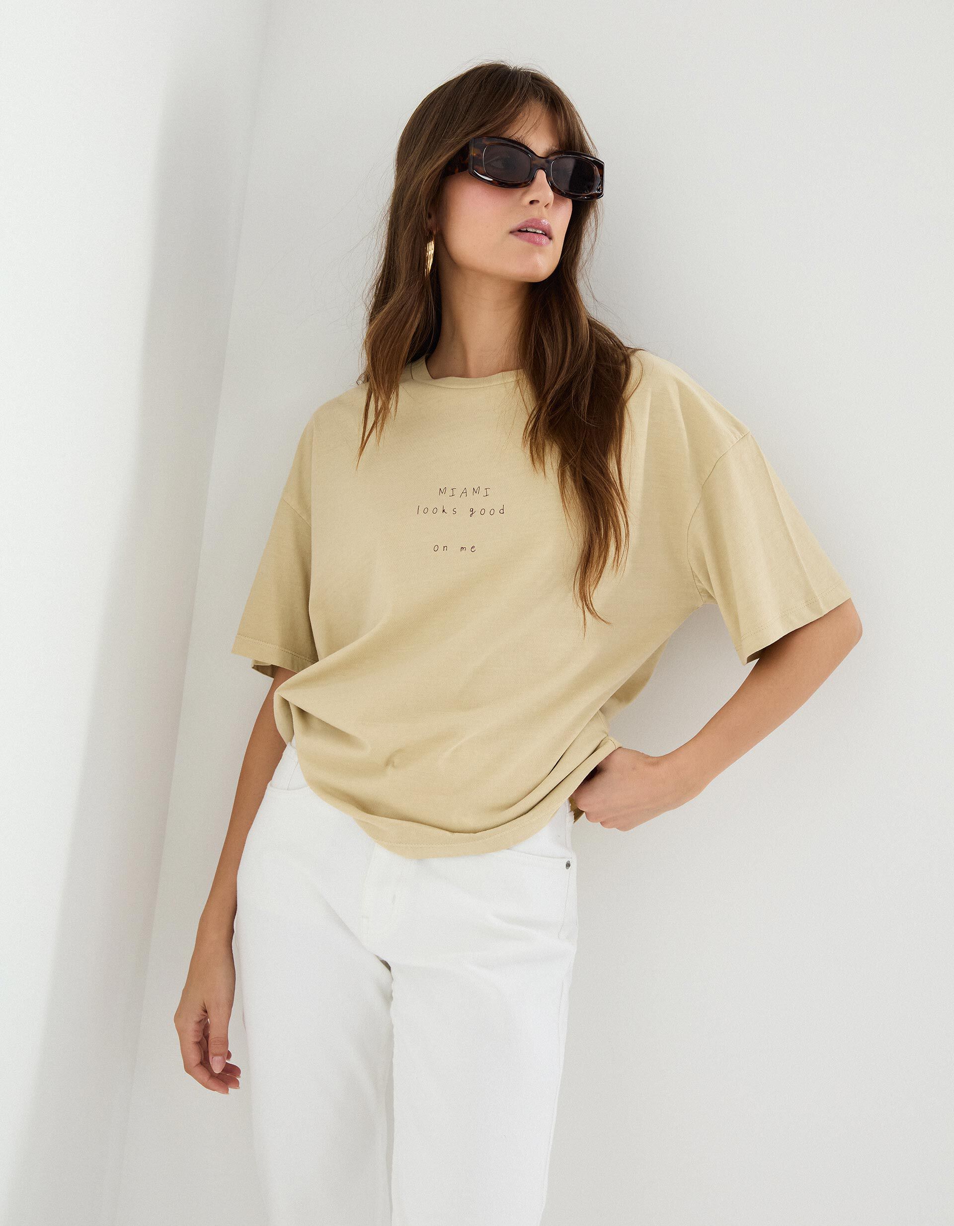 Comprar Online T-shirt Print, Mulher, Bege Claro 