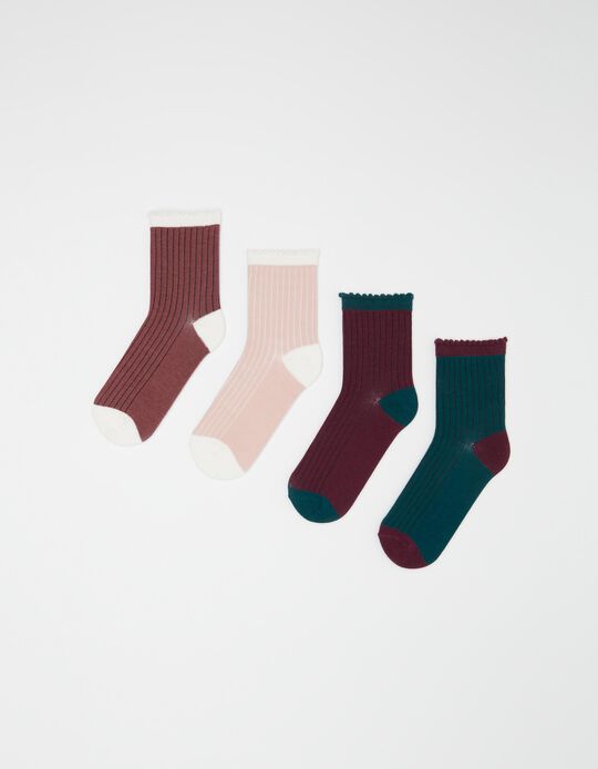 4 Pairs of Ribbed Socks Pack, Women, Multicolour