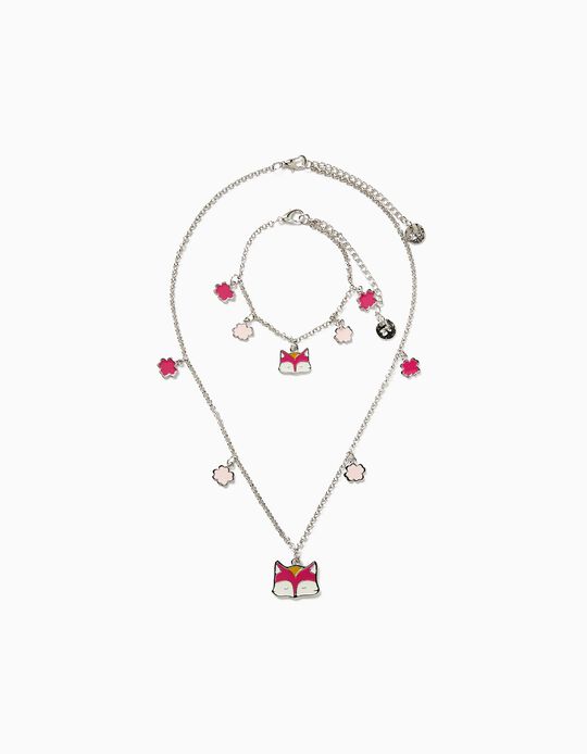 Necklace + Bracelet for Girls 'Fox', Silver/Pink