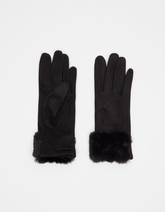 Fur Details Gloves, Women, Black