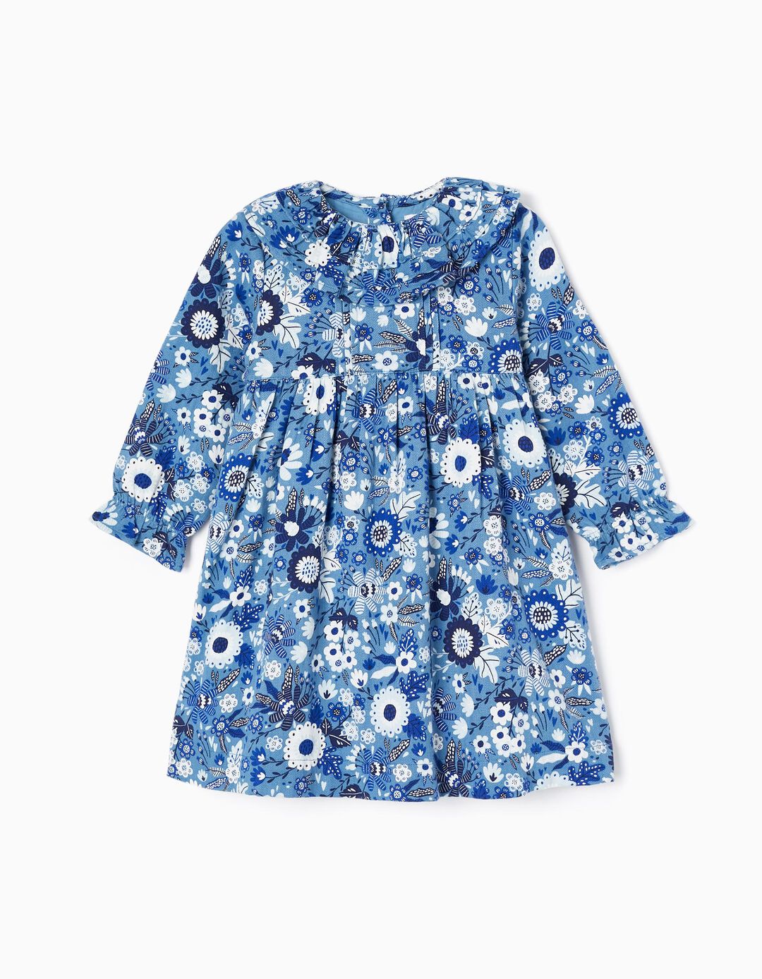 Cotton Dress with Floral Motif for Baby Girls, Blue/White