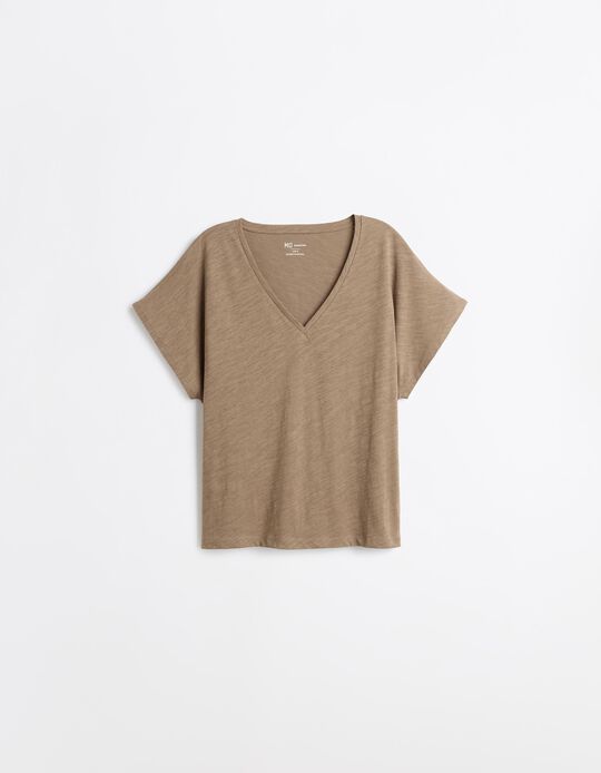 Comprar Online T-shirt Decote em V, Mulher, Bege Escuro