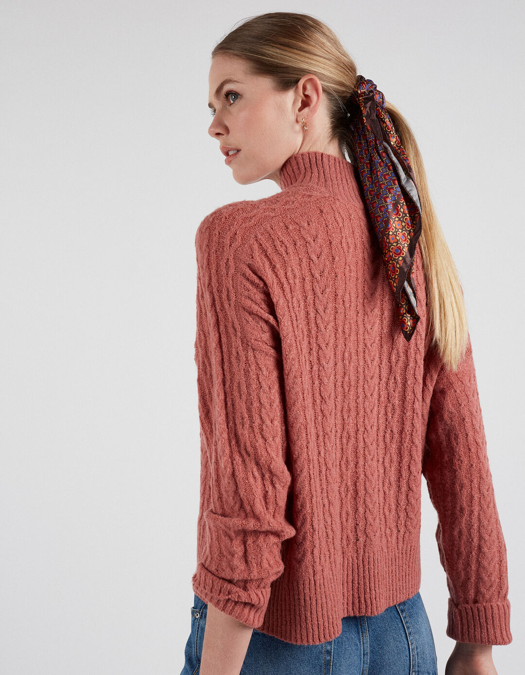 Braided Knit Sweater, Women, Dark Pink