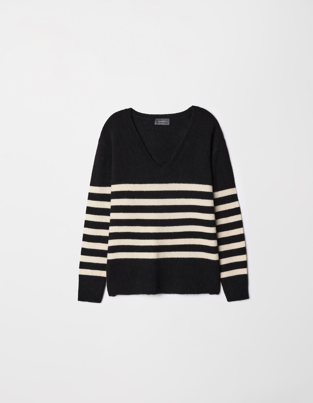 Camisola de Malha Riscas Decote em V, Mulher, Preto