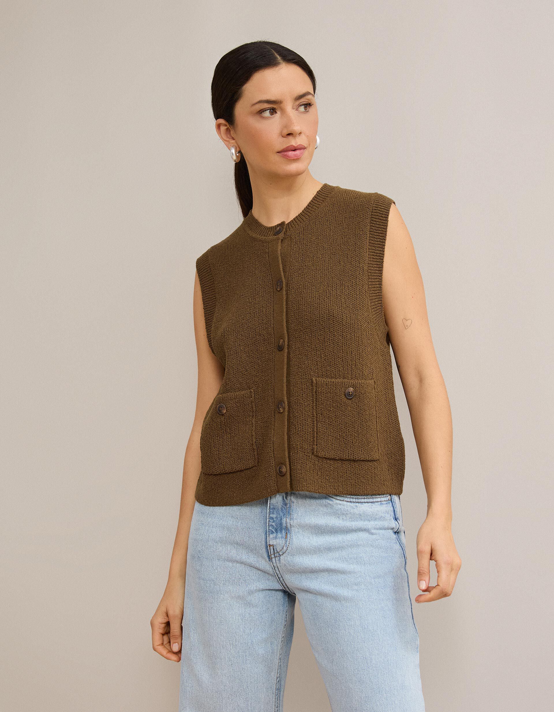 Comprar Online Colete R&uacute;stico Tricotado, Mulher, Castanho