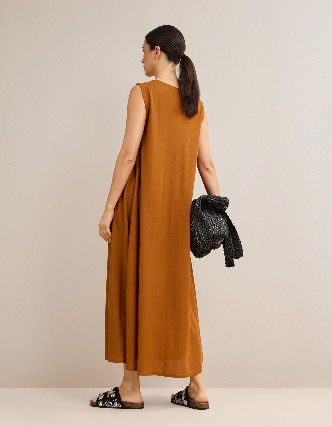 Vestido Comprido Fluido, Mulher, Castanho Claro