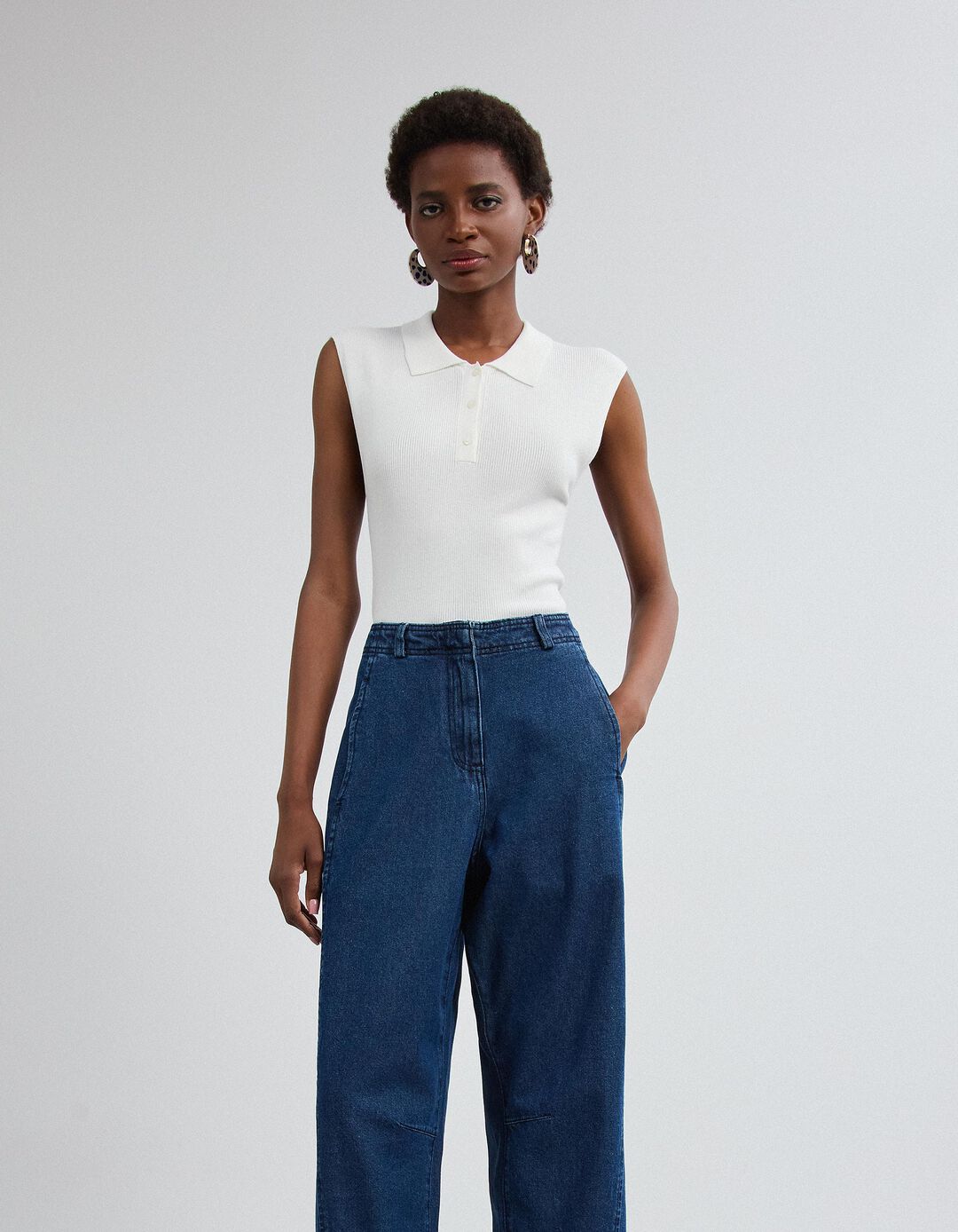 Top Tricotado Com Gola Polo, Mulher, Branco