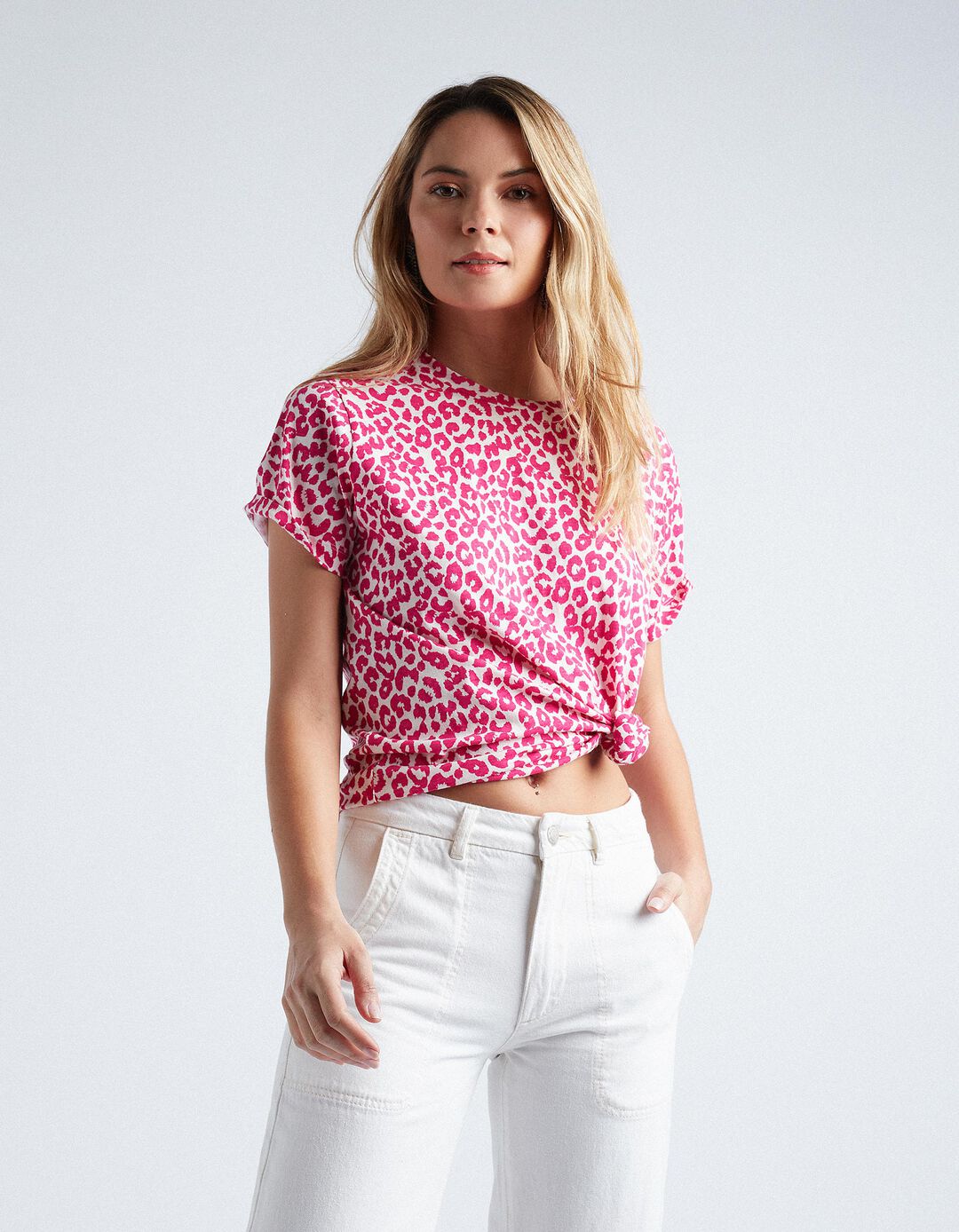 Round Neckline Leopard T-shirt, Women, Dark Pink