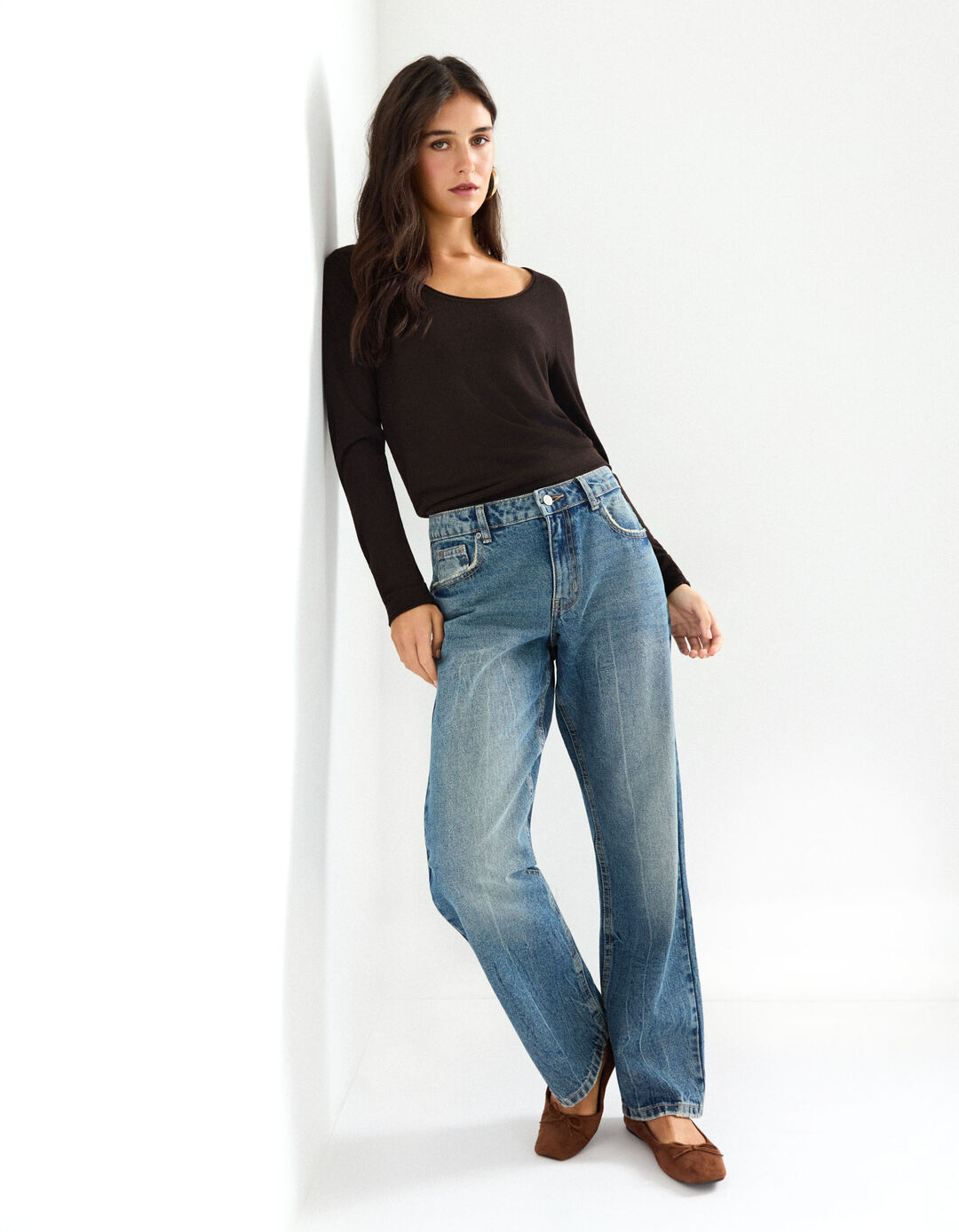 Calças de Ganga 'Straight Fit', Mulher, Azul