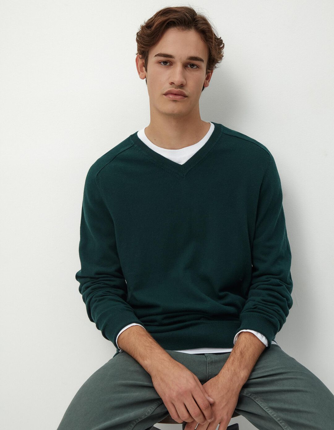 Camisola Mistura de Caxemira Decote em V, Homem, Verde Escuro