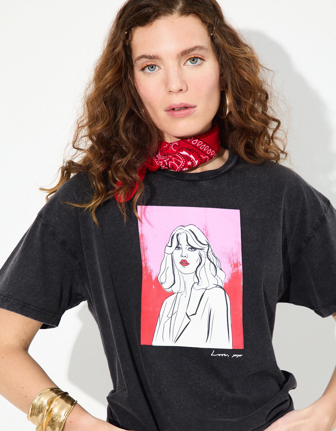 T-shirt com Ilustração, Mulher, Preto