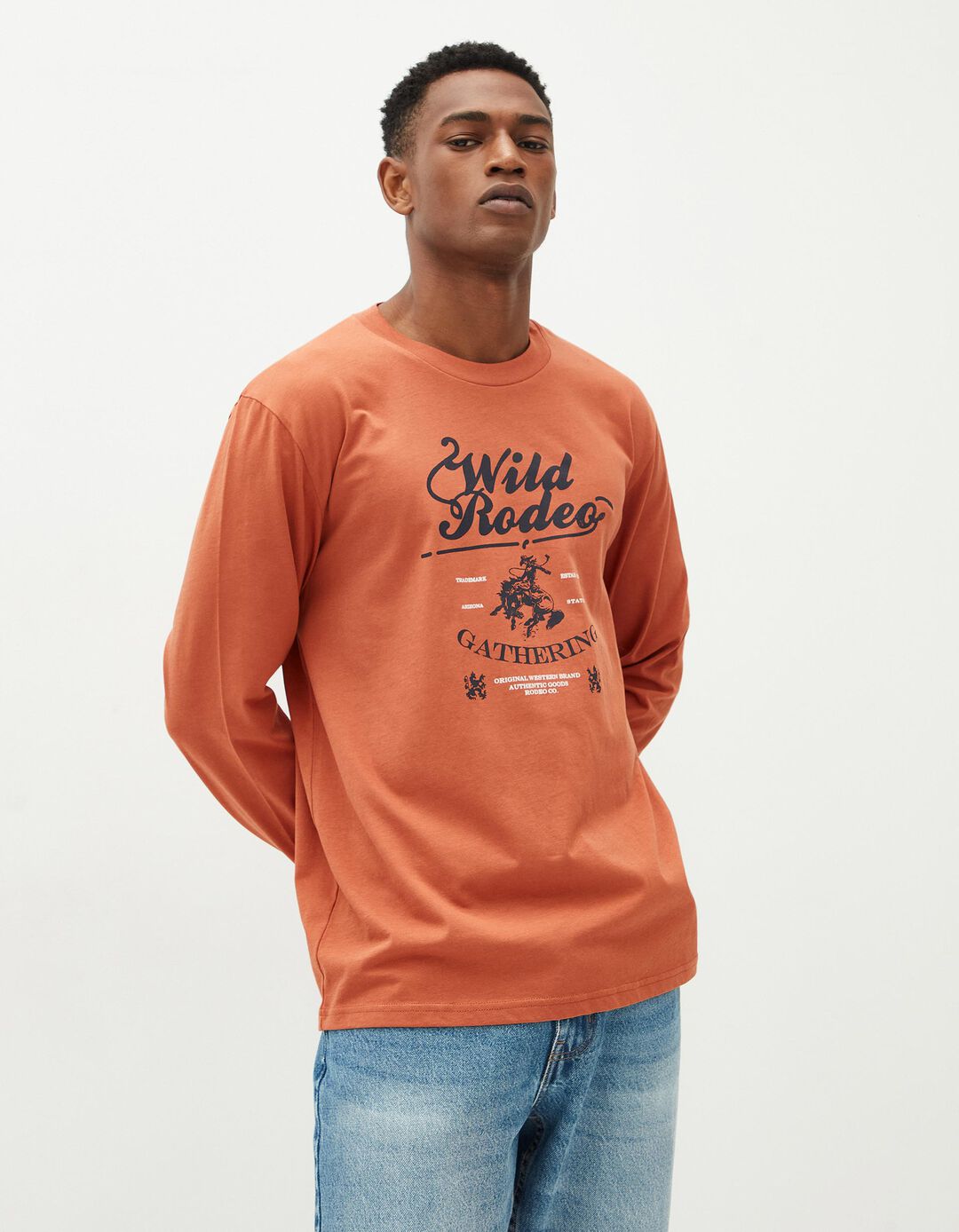 T-shirt de Manga Comprida Estampado, Homem, Laranja