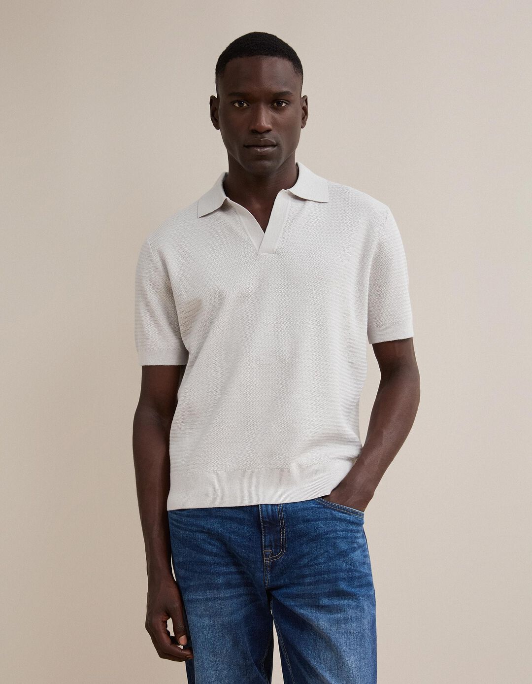 Polo De Malha Tricotada Com Linho, Homem, Bege Claro