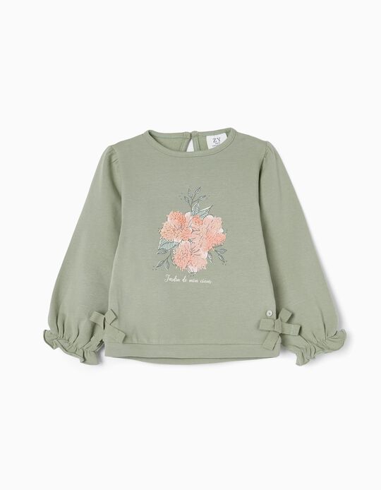 Brushed Cotton Sweatshirt for Baby Girls 'Flowers', Green