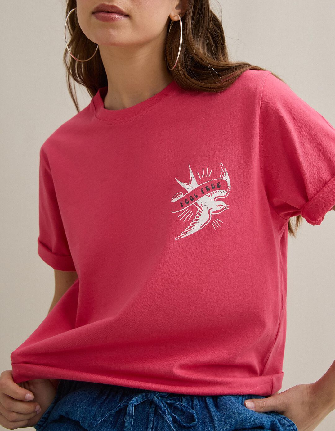 T-shirt com Estampado, Mulher, Coral
