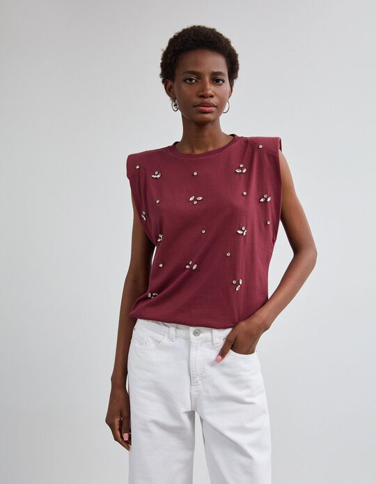 Comprar Online T-shirt Ombreiras Com Brilhos, Mulher, Vermelho Escuro 