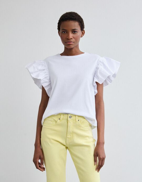 Comprar Online T-shirt Folhos, Mulher, Branco