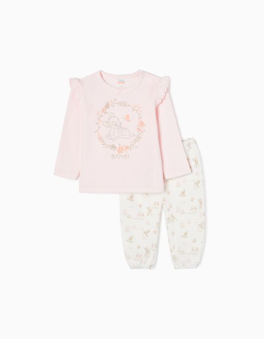 Pijama de Veludo em Algodão para Bebé Menina 'Bambi', Rosa/Branco